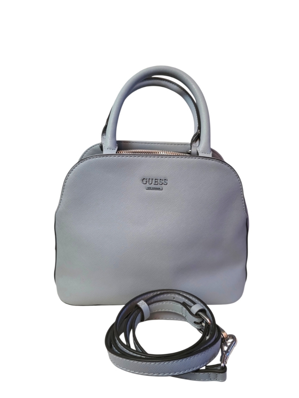 Guess Gray Dome Satchel Crossbody Bag Structured Top Handle Silver Logo